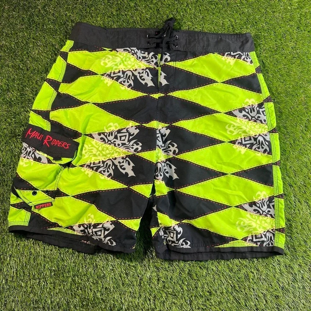 Y2K Maui Rippers Neon Tribal Board Shorts Surf Swim Skater Mens 36 Bright Green